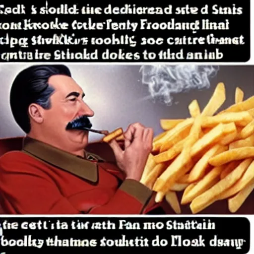 Prompt: stalin eats french fries with ketchup while smoking cigar