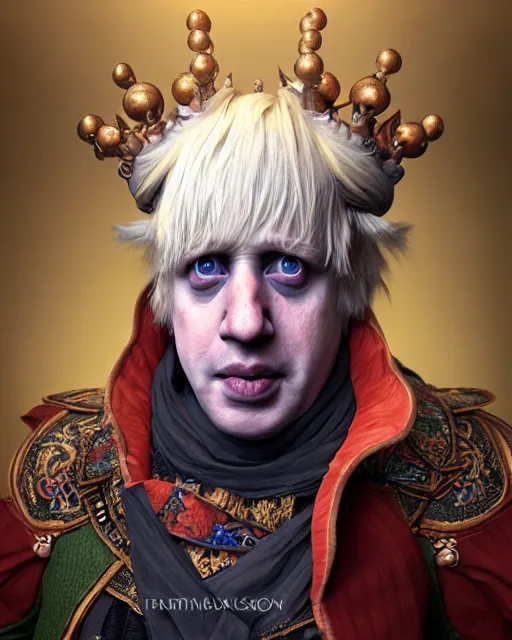 Image similar to Boris Johnson dressed as a Court Jester. Unreal engine, fantasy art by Betty Jiang. Faithfully depicted facial expression, perfect anatomy global illumination, radiant light, detailed and intricate environment