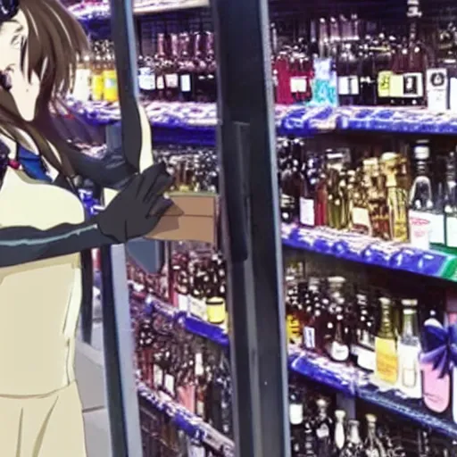 Prompt: anime catgirl cosplayer caught on security camera, robbing a liquor store