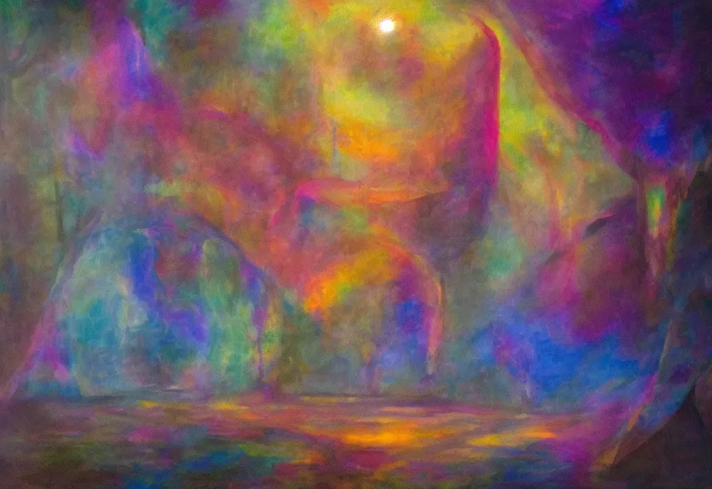 Image similar to iridescent temple of sleep non-Euclidean geometry dreamer mythos phantasms and lambent fog, award winning oil painting, polychromatic spectrum