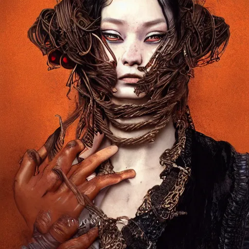 Image similar to portrait of a Shibari rope wrapped face and neck, headshot, insanely nice professional hair style, dramatic hair color, digital painting, of a old 17th century, old cyborg merchant, amber jewels, baroque, ornate clothing, scifi, realistic, hyperdetailed, chiaroscuro, concept art, art by Franz Hals and Jon Foster and Ayami Kojima and Amano and Karol Bak,