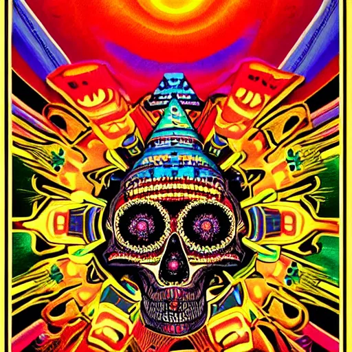 Prompt: a painting of a aztec skull with ornate ceremonial headdress, poster art by jeffrey smith, behance contest winner, psychedelic art, cosmic horror, anaglyph effect, mandelbulber fractal