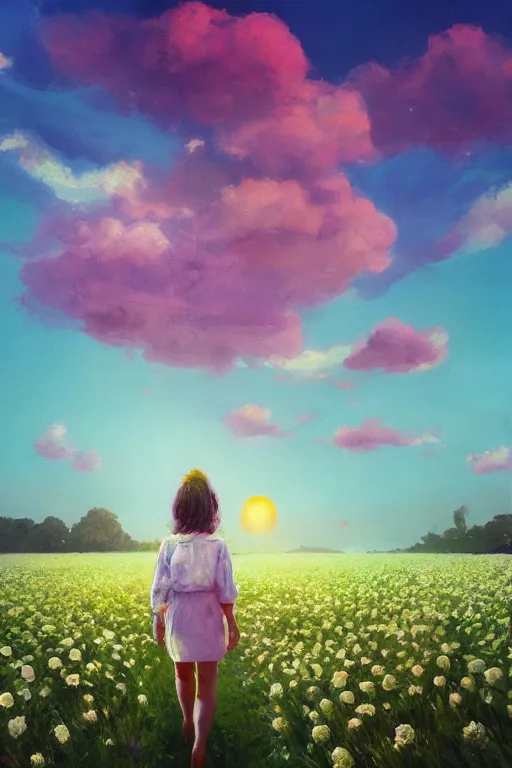 Image similar to giant white flower head, girl walking in a flower field, surreal photography, sunrise, dramatic light, impressionist painting, colorful clouds, digital painting, artstation, simon stalenhag