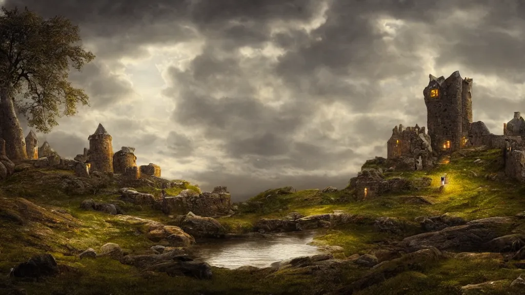 Image similar to viking stone dark age castle sitting by the seaside with rolling hills and a small village and a moat by eugene von guerard, ivan shishkin, dramatic lighting, concept art, trending on artstation, 8 k