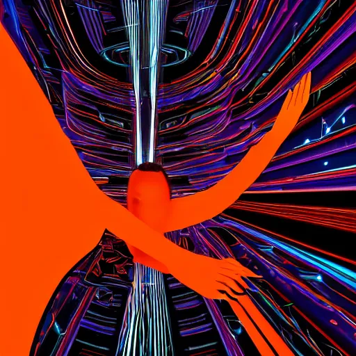 Image similar to A digital art. A rip in spacetime. Did this device in her hand open a portal to another dimension or reality?! light orange by Zaha Hadid saturated