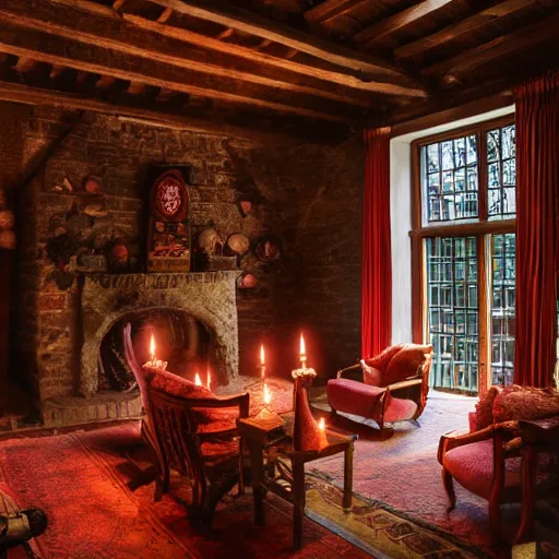 Prompt: A photograph of the Gryffindor common room, cozy arm chairs, a fire burning in the hearth, high ceilings, lit by many candles, light rays, magic aura, bloom, mysterious