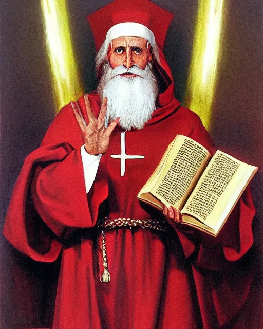 Prompt: portrait of ful length saint nicholas, showing him with a halo, dressed in clerical garb, and holding a book of the scriptures in his left hand while making the hand gesture for the sign of the cross with his right, by peter andrew jones!!!!, hd, hyper detailed, 4 k