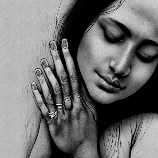 Image similar to Stunning portrait of Indian womans face with her hands covering her eyes, black ink is pouring down from her eyes, music album cover, artstation, pixivi