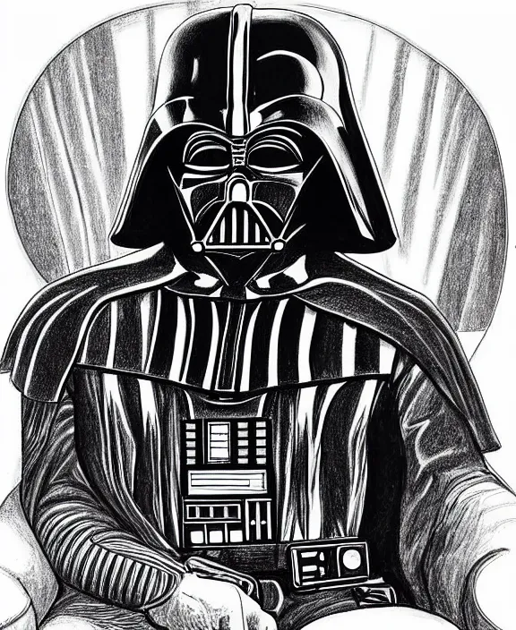 Image similar to a detailed fineliner drawing of darth vader relaxing in an armchair