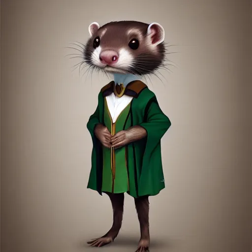 Image similar to a anthropomorphic ferret is dressed as a hogwarts student in slytherin robes, hyperdetailed, artstation, cgsociety, 8 k