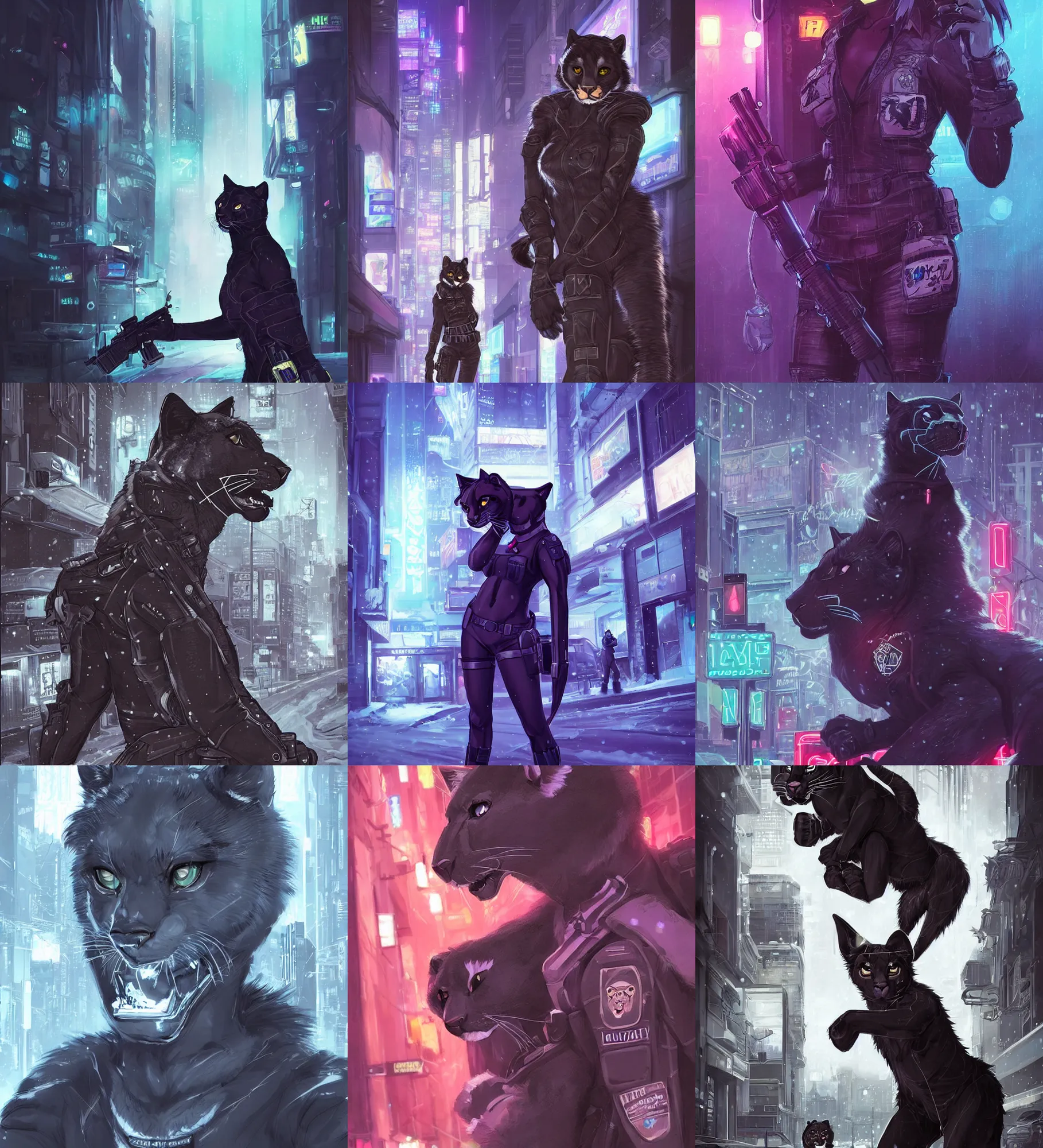 Prompt: beautiful furry art portrait commission of a female furry anthro panther fursona both wearing a tactical swat uniform in the streets of a cyberpunk city at night in the snow. neon signs. character design by charlie bowater, ross tran, artgerm, and makoto shinkai, detailed, inked, western comic book art