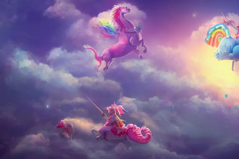 Image similar to a dreamscape with candy in the sky and a dragon riding a unicorn, artstation, cgsociety, 4K