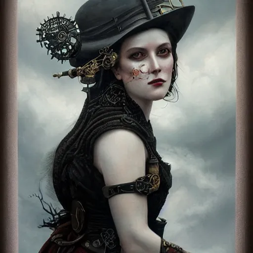 Prompt: By Tom Bagshaw, ultra realist soft painting of a beautiful steampunk gunslinger in long dress in shooting pose at a curiosity carnival by night, symmetry accurate features, very intricate details, ominous sky, black and white, volumetric light clouds