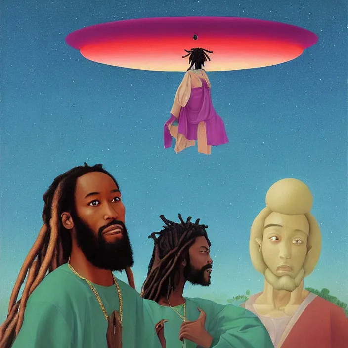 Image similar to UFO hovering around an African Jesus with dreadlocks, colourful painting by Hsiao-Ron Cheng,