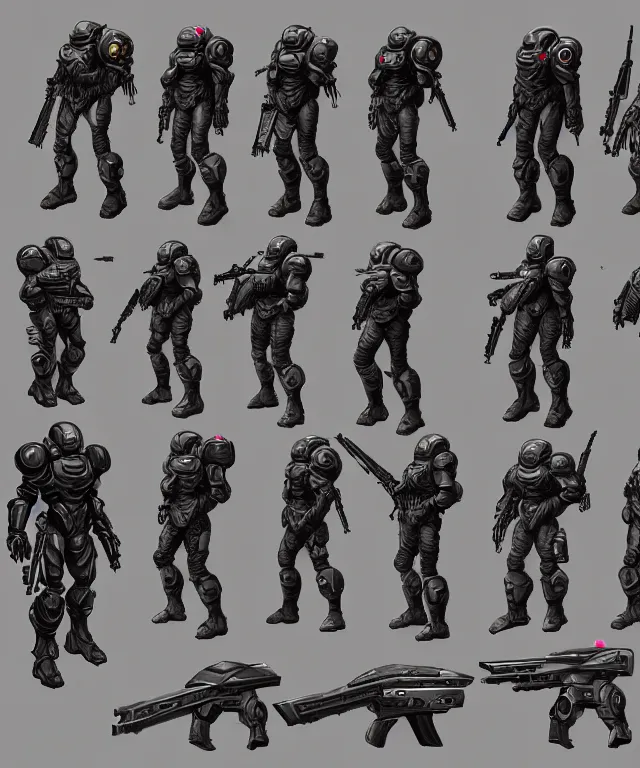 Prompt: 2 d shooter game concept art sprite sheet!!!, doom slayer concept art, hyperrealism, fine detail, 8 k, 3 d render, artgerm, artstation contest winner, cgsociety, cryengine, zbrush, vray, no background