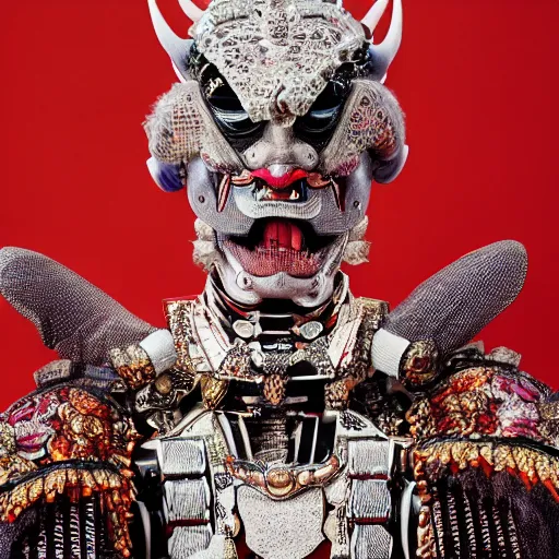 Image similar to uhd candid photo of the robot devil wearing bizarre emperor costume, intricate attire. photo by annie leibowitz