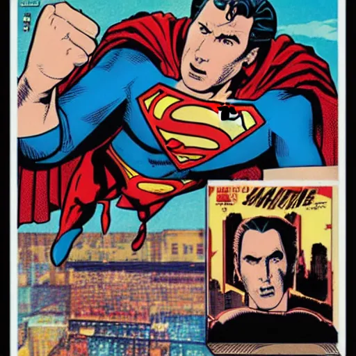 Image similar to Nicholas Cage Superman comic book. Marvel comics art style. Halftone