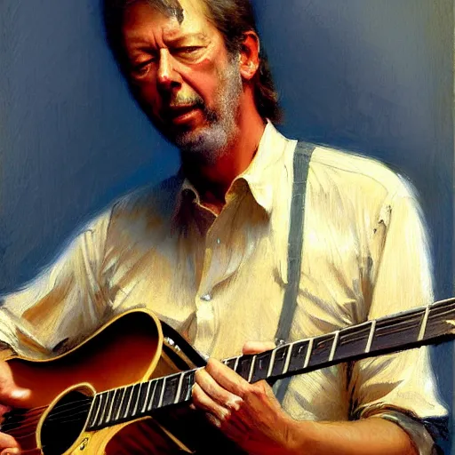 Prompt: eric clapton playing guitar. highly detailed painting by gaston bussiere, craig mullins, j. c. leyendecker, 8 k