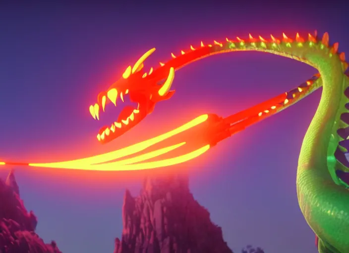 Image similar to a wholesome animation key shot of a neon dragon, close up, studio ghibli, pixar and disney animation, sharp, rendered in unreal engine 5, clear sky, anime key art by greg rutkowski, bloom, dramatic lighting