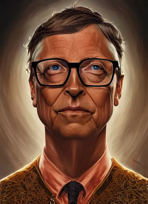 Image similar to symmetry!! portrait of bill gates as satan, fantasy, medieval wear, intricate, elegant, highly detailed, digital painting, artstation, concept art, smooth, sharp focus, illustration, art by artgerm and greg rutkowski and alphonse mucha