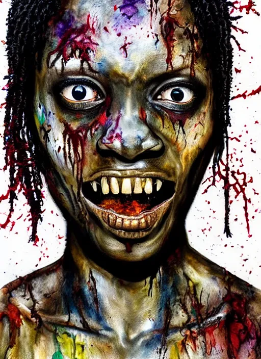 Image similar to african american zombie hollywood artwork professional acting headshot, hyperrealism, intricate detail, studio lighting, charming expression gesicht, hauntingly beautiful zombie, watercolor art, epic, legendary, drawn and painted, colored layers, dulled contrast, exquisite fine art, splatterpaint