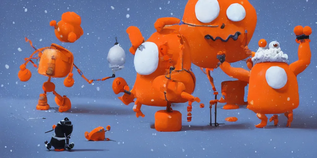 Image similar to cute orange and blue cartoon monsters building snowmen by Goro Fujita and Simon Stalenhag and Salvador Dali and Banksy and Basquiat, 8k, highly detailed, cinematic