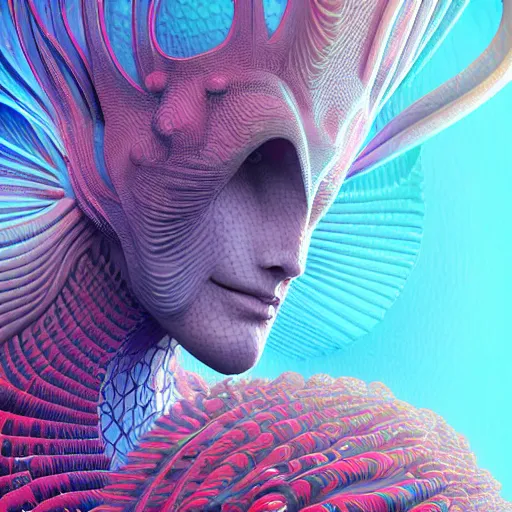 Image similar to Face of a Alien Deity, corals, plume made of geometry, extremly detailed digital painting, sharp focus in the style of android jones, artwork of a futuristic artificial intelligence superstar, mystical colors, rim light, beautiful lighting, 8k, stunning scene, raytracing, octane, under water visual distortion, trending on artstation