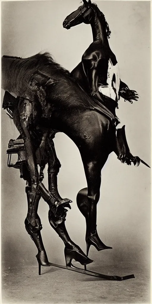Prompt: t rex and a horse wearing high heels, strange, black and white, photograph, 1850s