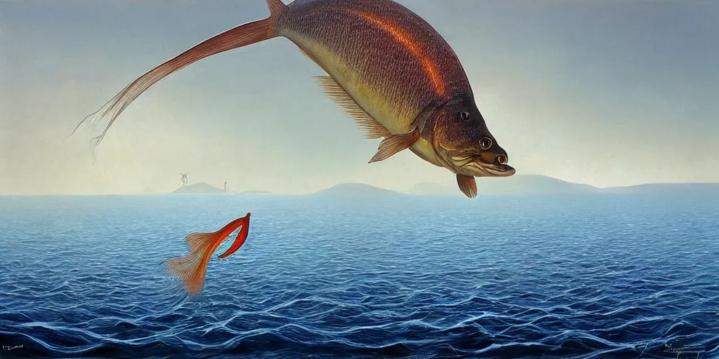 Prompt: A fish jumping out of water in the bay of kotor, by Vladimir Kush, Mark Arian