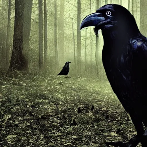 Image similar to werecreature consisting of a crow and a human, werecrow, photograph captured in a dark forest