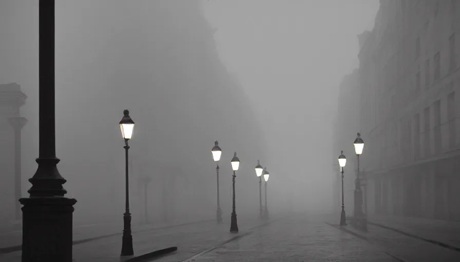 Prompt: wide film still, foggy parisian street at night, street lamps glowing, muted colors, criterion collection