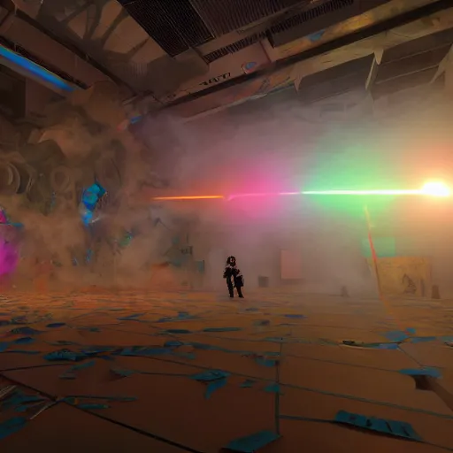 Image similar to a squad of detailed anime mecha spiderbots burns mountains of dollar bills in the atrium of the guggenheim museum with Sol LeWitt colorful wall drawings on the wall in the background, smoke, fog, volumetric rendering, god rays, unity hdrp, unreal engine 5, marmoset, arnold