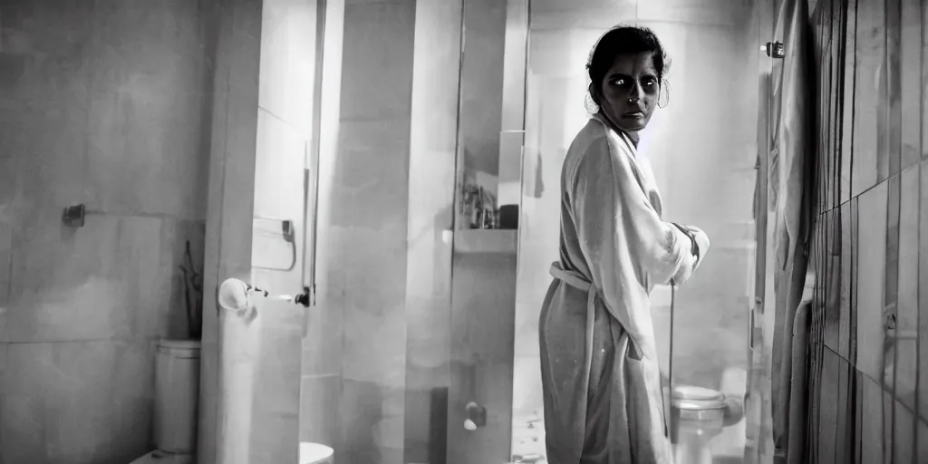 Image similar to sri lankan woman in the bathroom, wearing a bath robe, film still, psycho thriller movie style