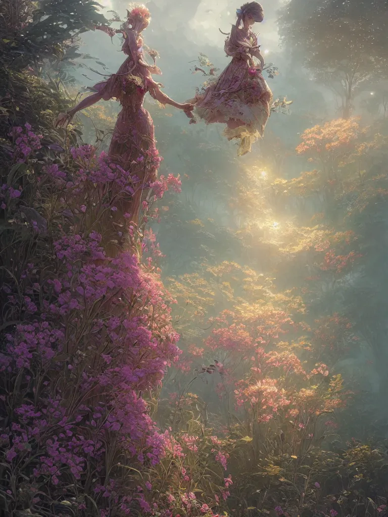 Image similar to highly detailed ornate flower dress, stephen bliss, unreal engine, fantasy art by greg rutkowski, loish, rhads, ferdinand knab, makoto shinkai and lois van baarle, ilya kuvshinov, rossdraws, tom bagshaw, global illumination, radiant light, detailed and intricate environment