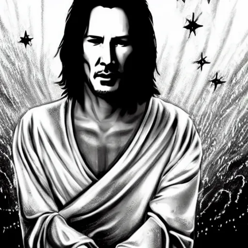 Prompt: black and white pen and ink!!!!!!! young handsome Keanu Reeves wearing cosmic space robes made of stars final form flowing royal hair golden!!!! Vagabond!!!!!!!! floating magic swordsman!!!! glides through a beautiful!!!!!!! liquid magic floral crystal battlefield dramatic esoteric!!!!!! Long hair flowing dancing illustrated in high detail!!!!!!!! by Moebius and Hiroya Oku!!!!!!!!! graphic novel published on 2049 award winning!!!! full body portrait!!!!! action exposition manga panel black and white Shonen Jump issue by David Lynch eraserhead and beautiful line art Hirohiko Araki!! Rossetti, Millais, Mucha, Jojo's Bizzare Adventure