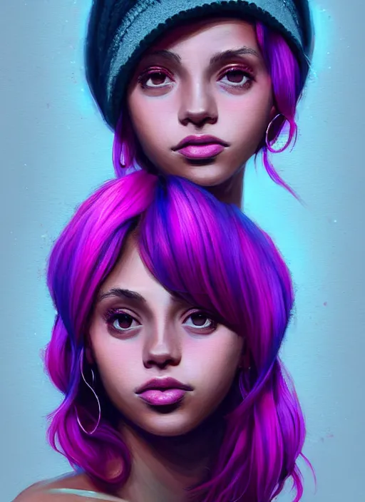 Image similar to portrait of teenage vanessa morgan with bright pink hair, vanessa morgan, curly pixie cut hair, wearing a purple breton cap, breton cap, hoop earrings, intricate, elegant, glowing lights, highly detailed, digital painting, artstation, concept art, smooth, sharp focus, illustration, art by wlop, mars ravelo and greg rutkowski