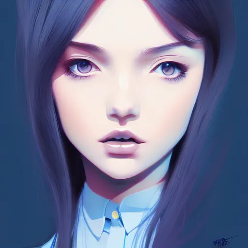 Image similar to urban high school girl in shirt fanart, dark blue long hair, muted colors, matte print, pastel colors, ornate, digital art, digital painting, fan art, elegant, artstation, by Ilya Kuvshinov