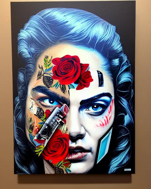 Image similar to split face of a man with pistol and roses in a deep sea with intricate details by Sandra Chevrier with half image