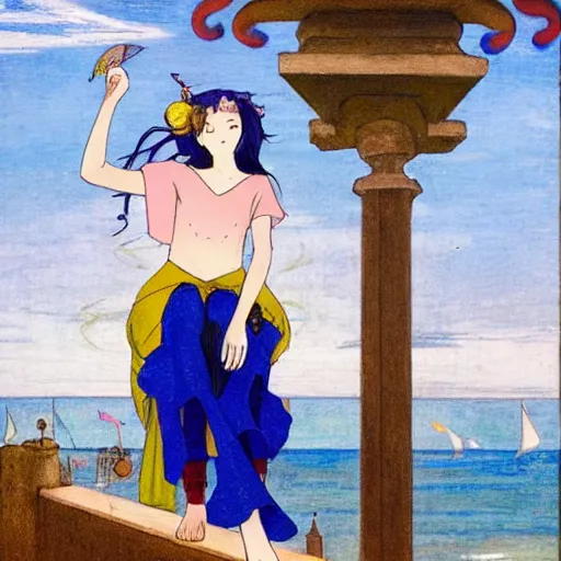 Prompt: A girl jester on the front of a Balustrade with a beach on the background, major arcana, a colab between studio ghibli and paul delaroche