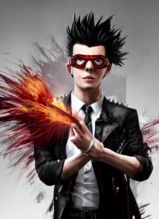 Image similar to An epic fantasy comic book style portrait painting of young man with long red spiked hair. Wearing a black waistcoat, white shirt, using googles. Rockstar. Blasting fire on his hands. Unreal 5, DAZ, hyperrealistic, octane render, cosplay, RPG portrait, dynamic lighting