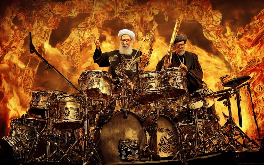 Image similar to khamenei playing drums in heavy metal band in hell hanged, corded, bodies hanged in horizon, skulls around, high definition, trending on artstation, unreal engine, photorealistic, high resolution,, trending on deviantart, hdr, hyper detailed, insane details, intricate, elite, ornate, elegant, luxury, dramatic lighting