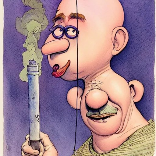 Image similar to a realistic and atmospheric watercolour fantasy character concept art portrait of mr. potato head with pink eyes wearing a wife beater and smoking a huge blunt by rebecca guay, michael kaluta, charles vess and jean moebius giraud