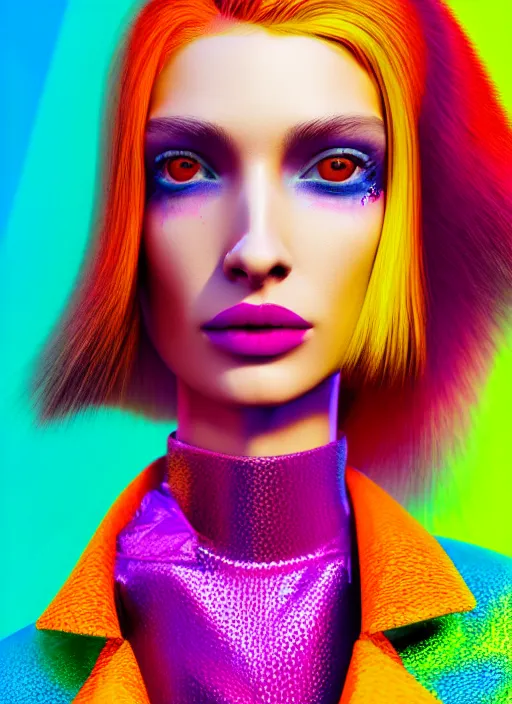 Prompt: stylish coat for a rave, bright colors, many details, prints, photo for a magazine, photo for a store, fashion photography, Vogue, 135 mm, cinematic, hyper realism, high detail, octane render, 8k, chrome accents, very coherent symmetrical artwork, perfect face model, full length photo, Upper and lower body