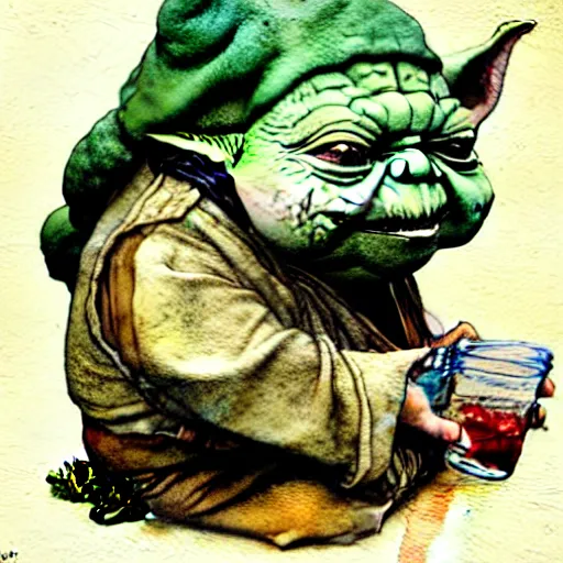 Image similar to a realistic and atmospheric watercolour fantasy character concept art portrait of a fat chibi homeless yoda drinking out of a broken bottle, by rebecca guay, michael kaluta, charles vess and jean moebius giraud