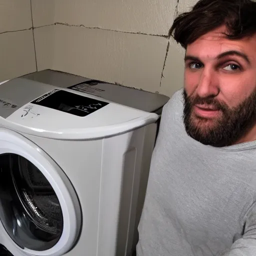 Image similar to A gigachad of a man is showing off his new washing machine