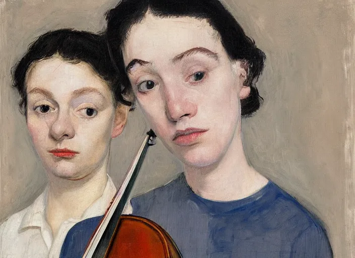 Image similar to portrait of two young nervous violin players getting ready to perform, half figure front, vincent lefevre and pat steir and hilma af klint, psychological, photorealistic, symmetrical faces, intriguing eyes, dripping paint, washy brush, rendered in octane, altermodern, masterpiece