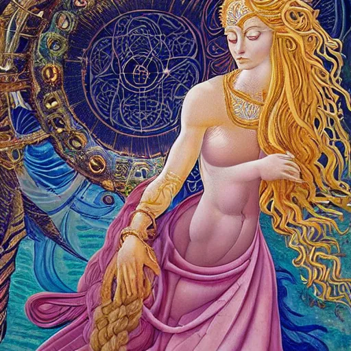 Prompt: intricate details, hyper detailed, mystic alchemical occult art, sumerian goddess inanna ishtar, ashteroth, techno mystic goddess princess intergalactica, with aqua neon rapunzel dreadlocks, detailed, wearing seashell attire, crystal pathway to atlantis floating on the sea, by sandro botticelli