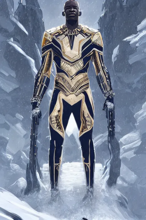 Prompt: ultra realistic illustration, wakandan warrior in white and gold suit standing in a heroic pose in the snowy mountain, hacknaut cyberpunk, sci - fi, fantasy, intricate, elegant, highly detailed, digital painting, artstation, concept art, smooth, sharp focus, illustration, art by artgerm and greg rutkowski and alphonse mucha