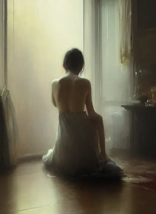 Image similar to a portrait of beautiful woman sitting in the floor, inside a modern apartment, intricate oil painting, hyperdetailed, misty, ethereal, dramatic lighting, 8 k, by jeremy mann and ruan jia