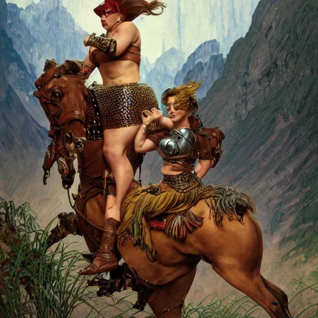 Prompt: donald trump!!! wearing a scale mail bikini, riding a horse in the mountains on a dark and stormy day, rtx rendering, octane render 1 2 8 k, maya, extreme high intricate details by wlop, medium shot, composition by by frank frazetta and alphonse mucha, oil on canvas, bright colors, art nouveau